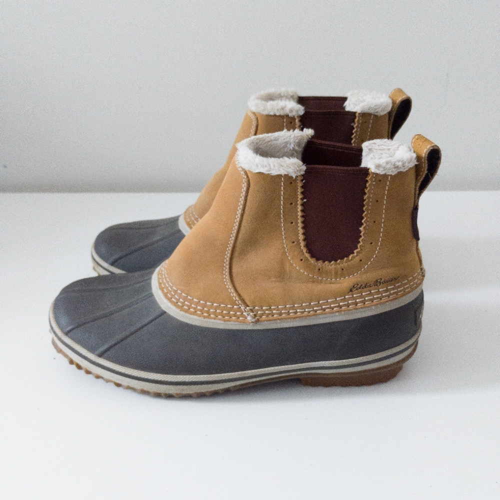 Eddie Bauer Hunt Pac Slip On Ankle Duck Boots Tan Leather Faux Fur Lined Size 9